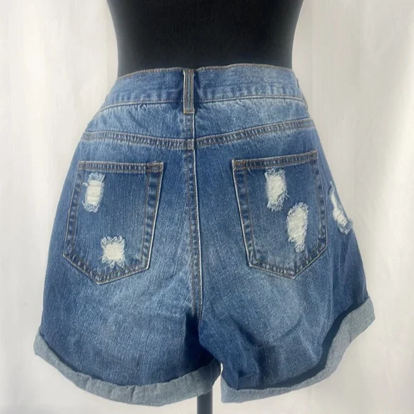 Blue asphalt distressed, folded, ripped,Jean shorts, high rise, size Small - Picture 4 of 5